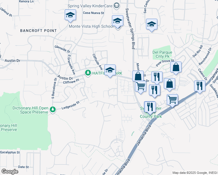 map of restaurants, bars, coffee shops, grocery stores, and more near 2327 Rosal Lane in Spring Valley
