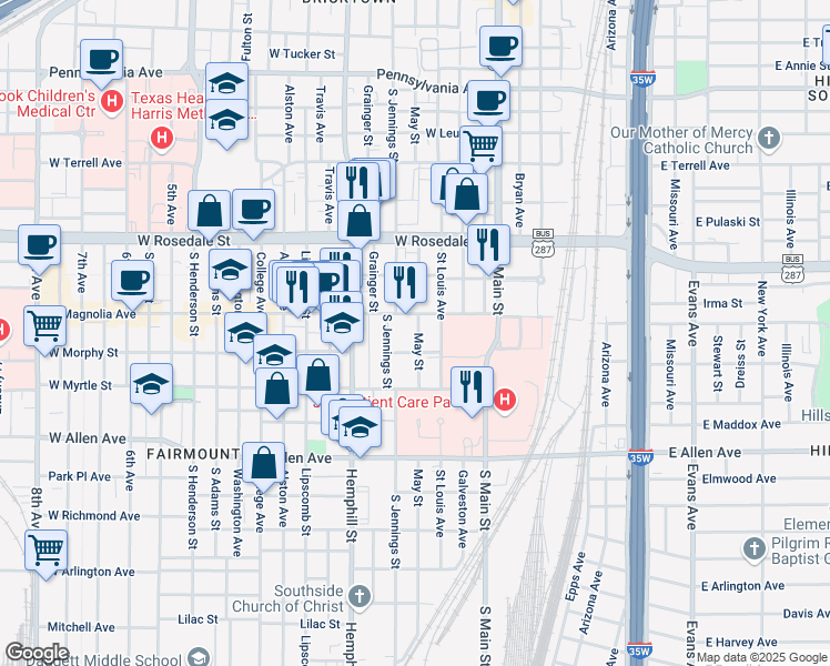 map of restaurants, bars, coffee shops, grocery stores, and more near 1314 May Street in Fort Worth