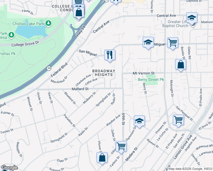 map of restaurants, bars, coffee shops, grocery stores, and more near 2271 Laconia Street in San Diego