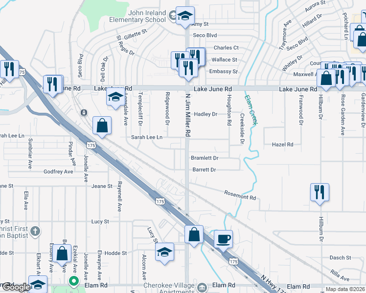 map of restaurants, bars, coffee shops, grocery stores, and more near 1031 North Jim Miller Road in Dallas