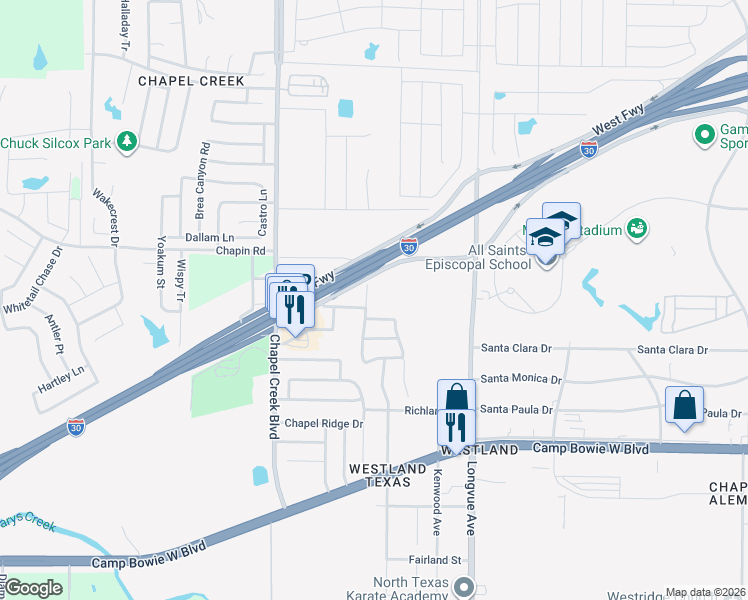map of restaurants, bars, coffee shops, grocery stores, and more near 10004 Southview Street in Fort Worth