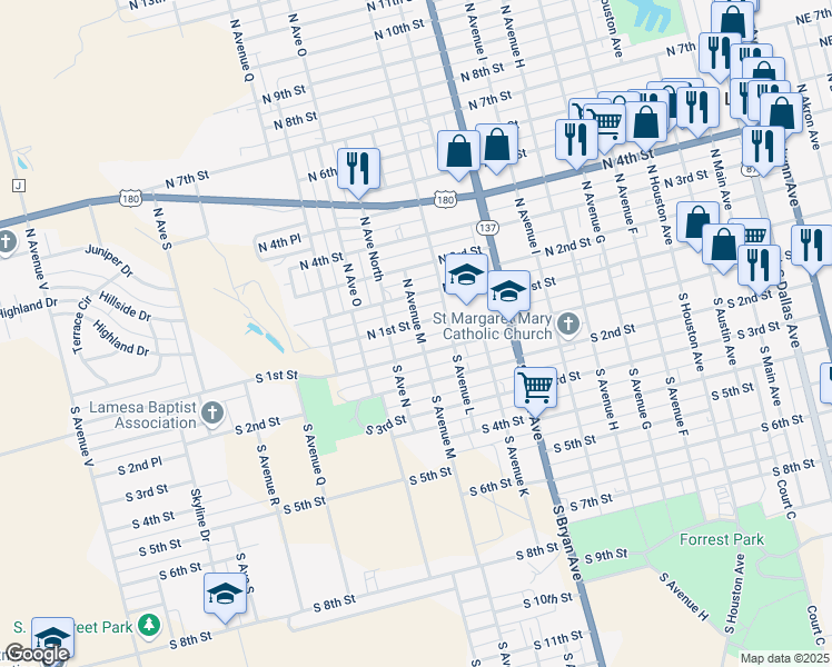 map of restaurants, bars, coffee shops, grocery stores, and more near 112 North Avenue M in Lamesa