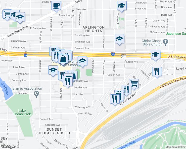map of restaurants, bars, coffee shops, grocery stores, and more near Ashland Ave & Curzon Ave in Fort Worth