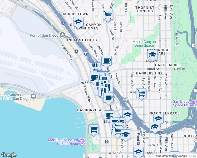 map of restaurants, bars, coffee shops, grocery stores, and more near 2446 India Street in San Diego