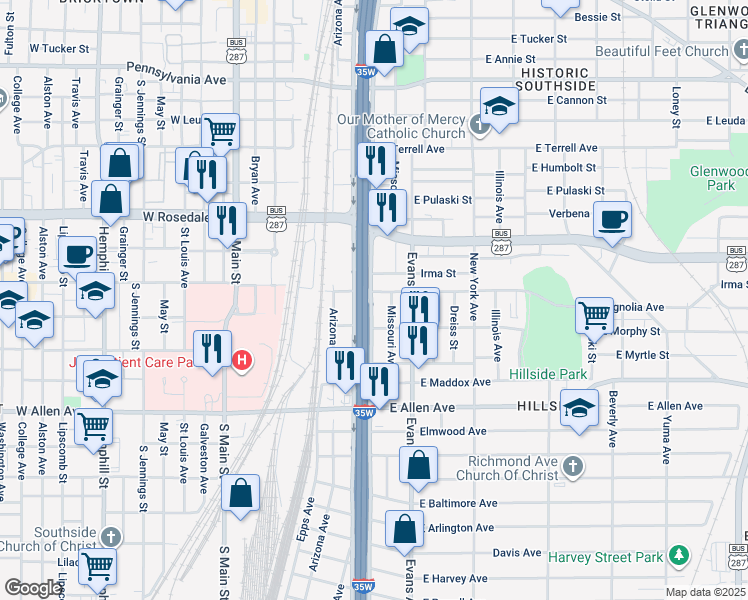 map of restaurants, bars, coffee shops, grocery stores, and more near in Fort Worth