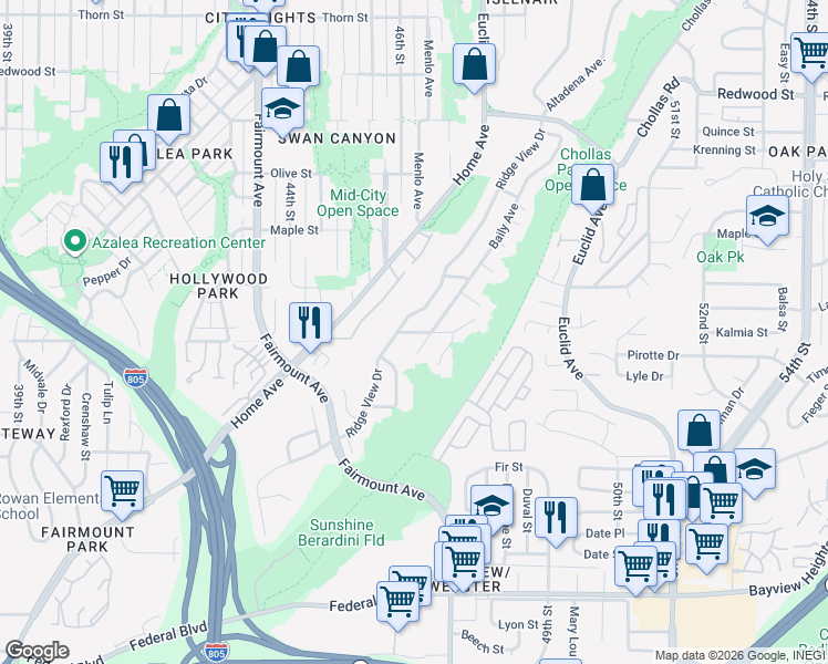 map of restaurants, bars, coffee shops, grocery stores, and more near 4646 Wendell Street in San Diego