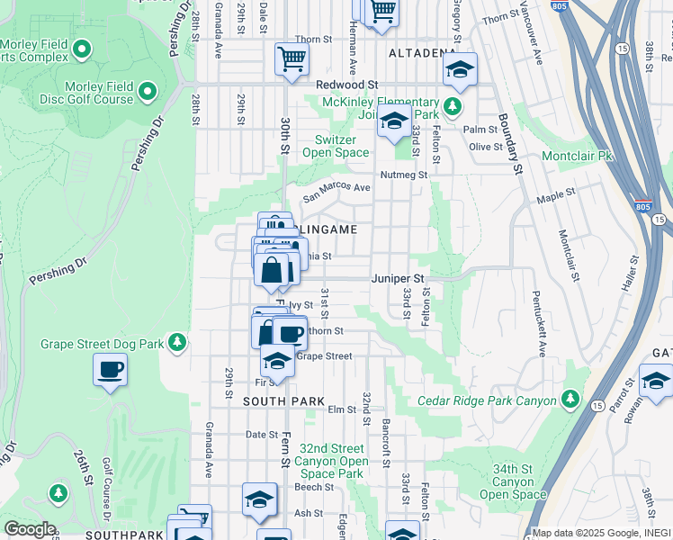 map of restaurants, bars, coffee shops, grocery stores, and more near 2312 31st Street in San Diego