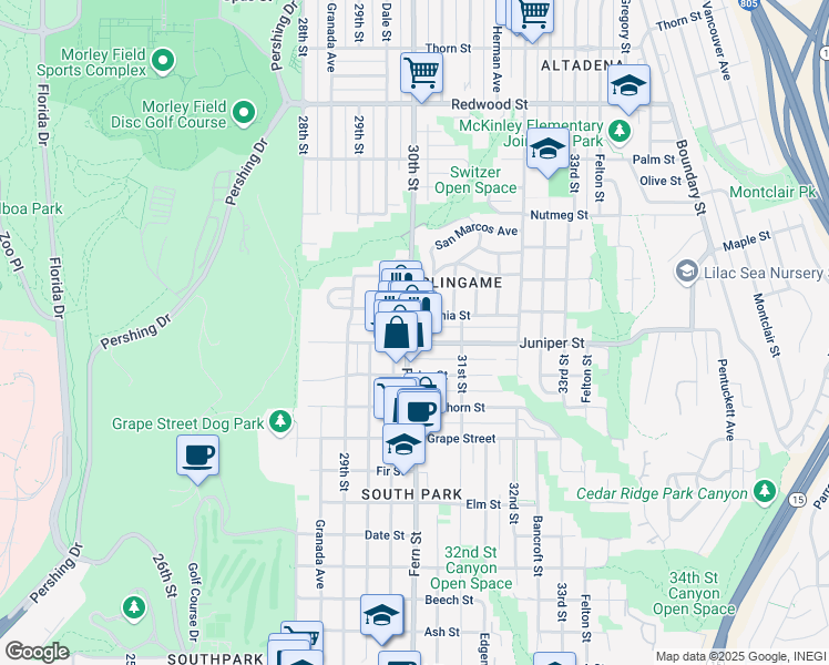 map of restaurants, bars, coffee shops, grocery stores, and more near 3028 Juniper Street in San Diego