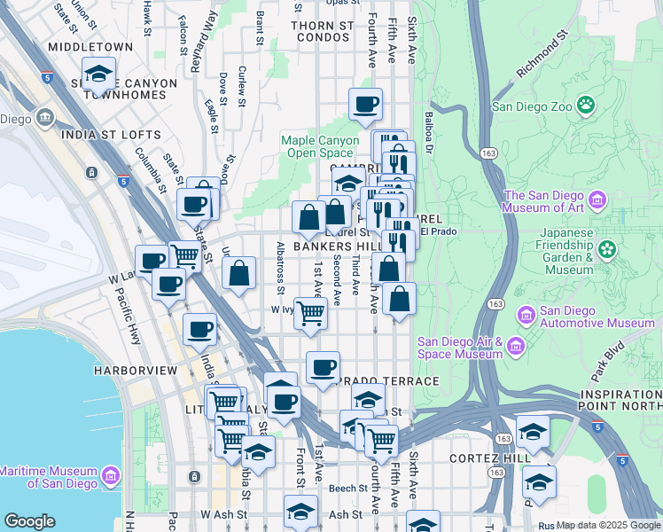 map of restaurants, bars, coffee shops, grocery stores, and more near in San Diego