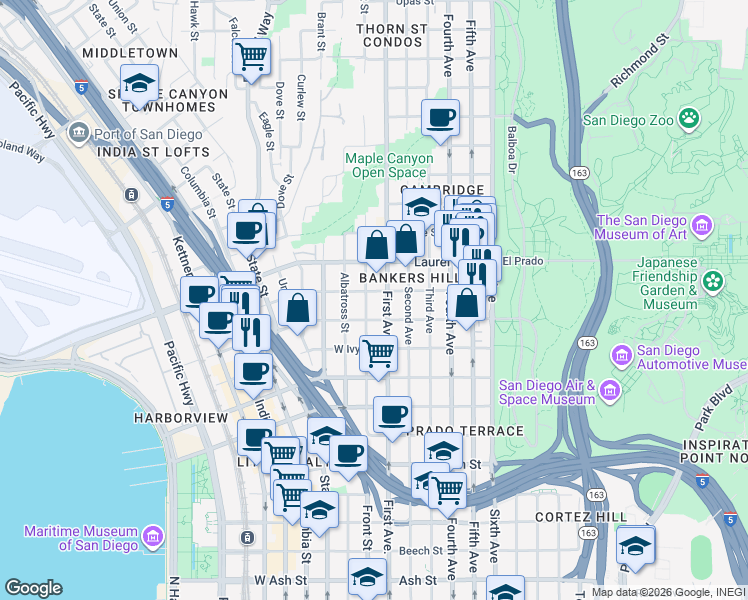 map of restaurants, bars, coffee shops, grocery stores, and more near in San Diego