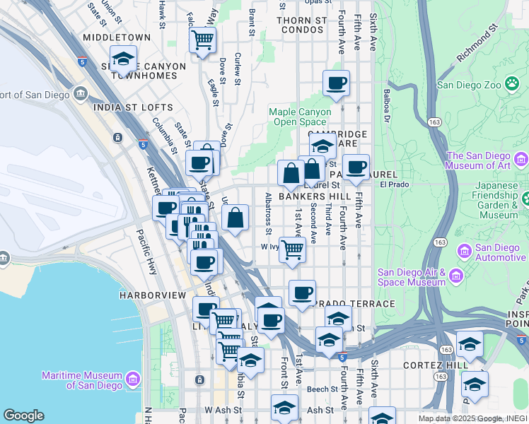 map of restaurants, bars, coffee shops, grocery stores, and more near 2355 Brant Street in San Diego