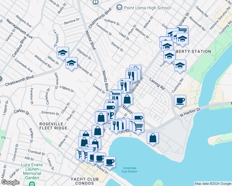 map of restaurants, bars, coffee shops, grocery stores, and more near 3102 Macaulay Street in San Diego