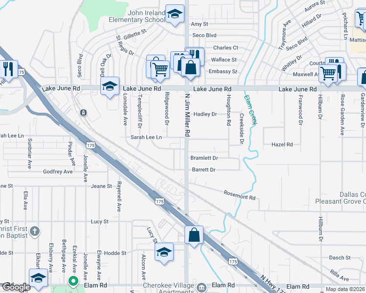 map of restaurants, bars, coffee shops, grocery stores, and more near 1031 North Jim Miller Road in Dallas