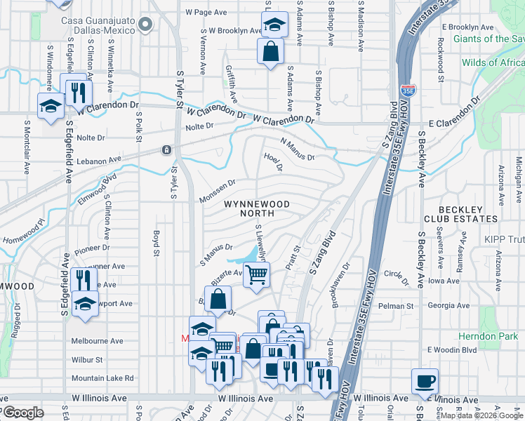 map of restaurants, bars, coffee shops, grocery stores, and more near 541 Woolsey Drive in Dallas