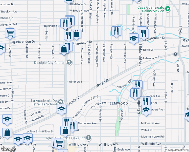 map of restaurants, bars, coffee shops, grocery stores, and more near 1411 South Marlborough Avenue in Dallas