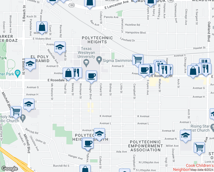 map of restaurants, bars, coffee shops, grocery stores, and more near 3401 Avenue G in Fort Worth