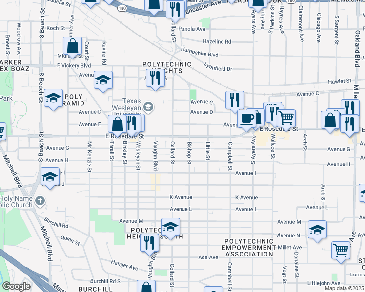 map of restaurants, bars, coffee shops, grocery stores, and more near 3401 Avenue G in Fort Worth
