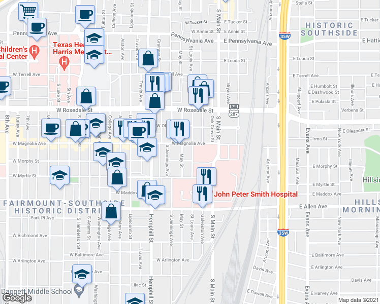 map of restaurants, bars, coffee shops, grocery stores, and more near 1314 May Street in Fort Worth