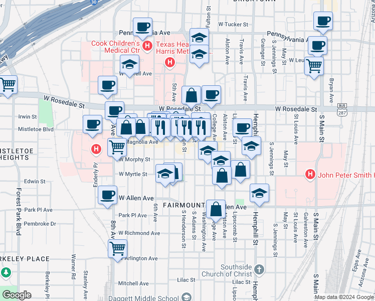 map of restaurants, bars, coffee shops, grocery stores, and more near 1312 South Henderson Street in Fort Worth