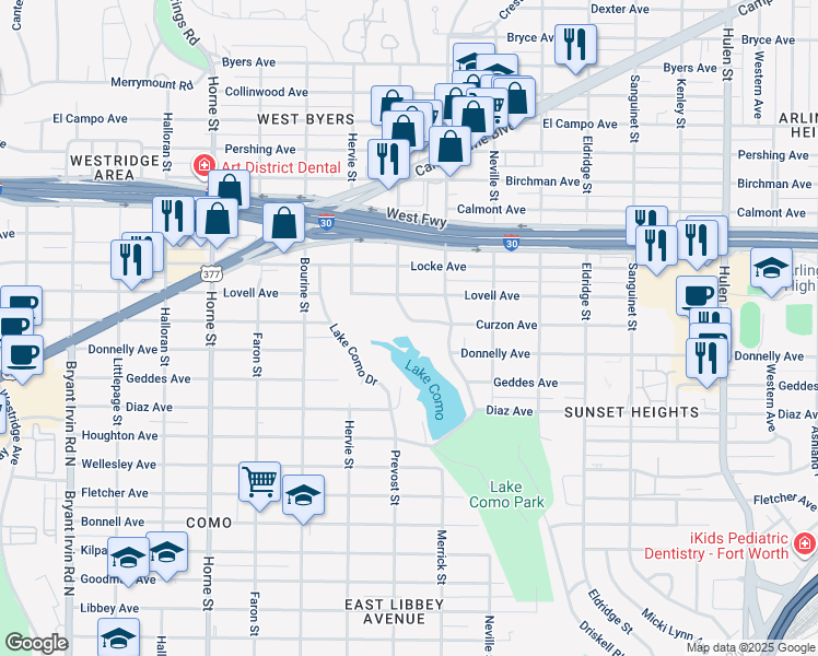 map of restaurants, bars, coffee shops, grocery stores, and more near 5217 Curzon Avenue in Fort Worth