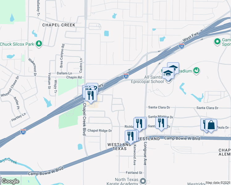 map of restaurants, bars, coffee shops, grocery stores, and more near 10004 Southview Street in Fort Worth