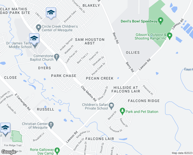 map of restaurants, bars, coffee shops, grocery stores, and more near 3212 Pecan Crossing in Mesquite