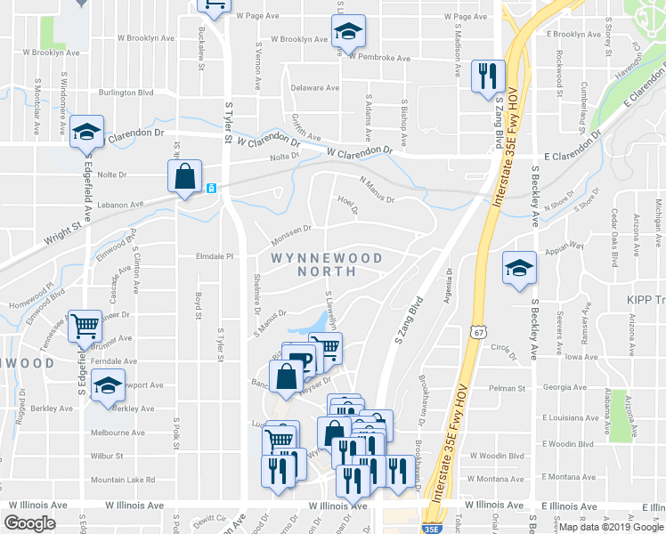 map of restaurants, bars, coffee shops, grocery stores, and more near 541 Woolsey Drive in Dallas