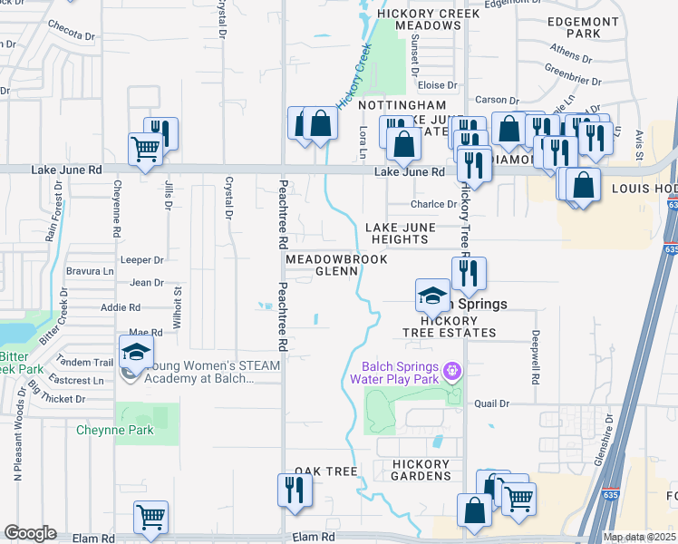 map of restaurants, bars, coffee shops, grocery stores, and more near 11516 Marriott Avenue in Balch Springs