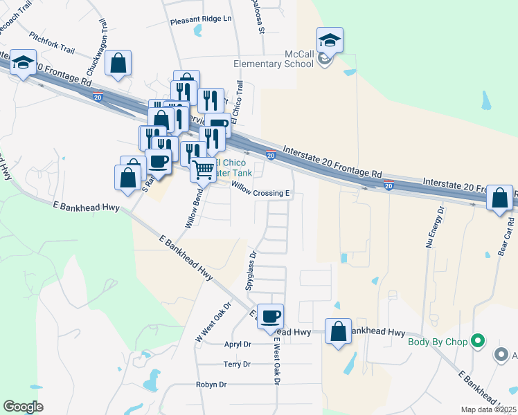 map of restaurants, bars, coffee shops, grocery stores, and more near 303 Bay Hill Drive in Willow Park