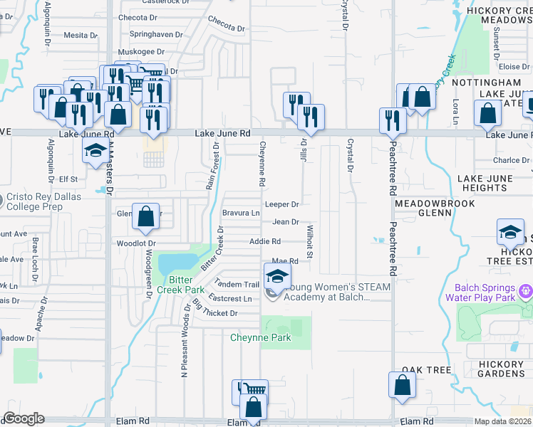 map of restaurants, bars, coffee shops, grocery stores, and more near 1040 Cheyenne Road in Dallas