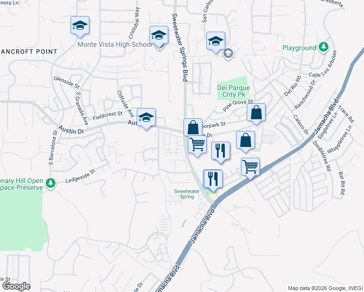 map of restaurants, bars, coffee shops, grocery stores, and more near 2788 Sweetwater Springs Boulevard in Spring Valley