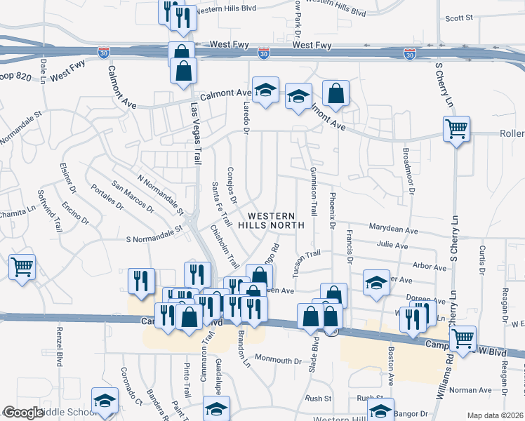 map of restaurants, bars, coffee shops, grocery stores, and more near 3109 Laredo Dr in Fort Worth
