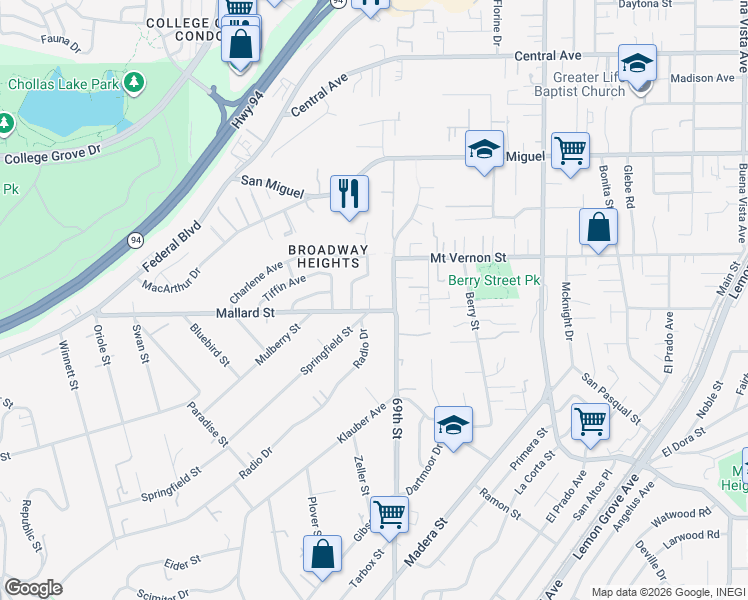 map of restaurants, bars, coffee shops, grocery stores, and more near 2310 69th Street in Lemon Grove