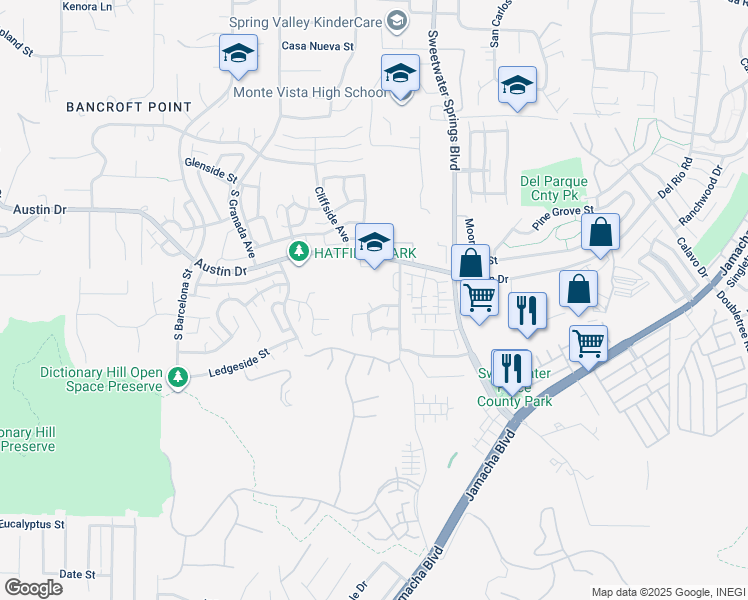 map of restaurants, bars, coffee shops, grocery stores, and more near 2327 Rosal Lane in Spring Valley