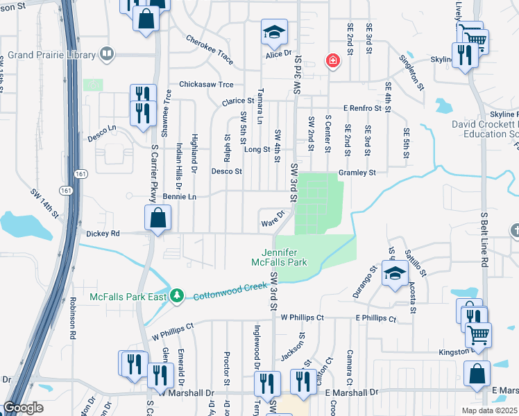 map of restaurants, bars, coffee shops, grocery stores, and more near 420 Dawson Circle in Grand Prairie