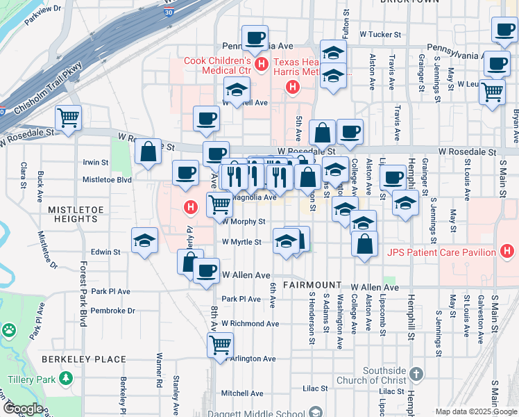 map of restaurants, bars, coffee shops, grocery stores, and more near 1315 Fairmount Ave in Fort Worth