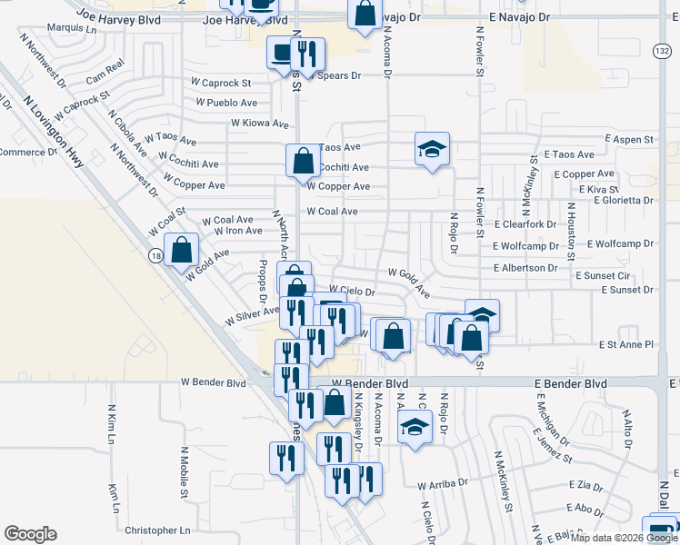 map of restaurants, bars, coffee shops, grocery stores, and more near 613 West Gold Avenue in Hobbs