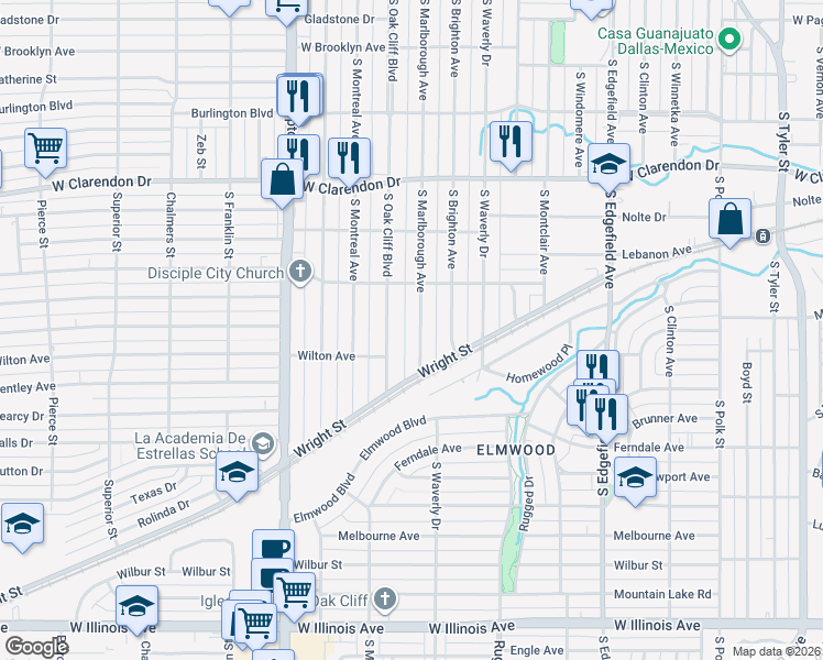 map of restaurants, bars, coffee shops, grocery stores, and more near 1411 South Marlborough Avenue in Dallas