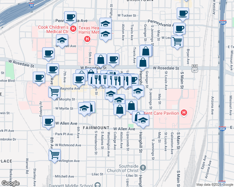 map of restaurants, bars, coffee shops, grocery stores, and more near 1315 College Avenue in Fort Worth