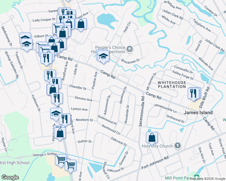 map of restaurants, bars, coffee shops, grocery stores, and more near 1444 Mellowood Place in Charleston