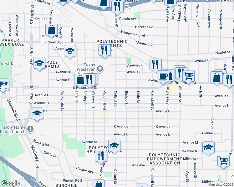 map of restaurants, bars, coffee shops, grocery stores, and more near 3301 Avenue G in Fort Worth