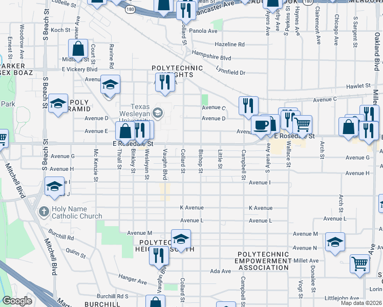 map of restaurants, bars, coffee shops, grocery stores, and more near 3301 Avenue G in Fort Worth