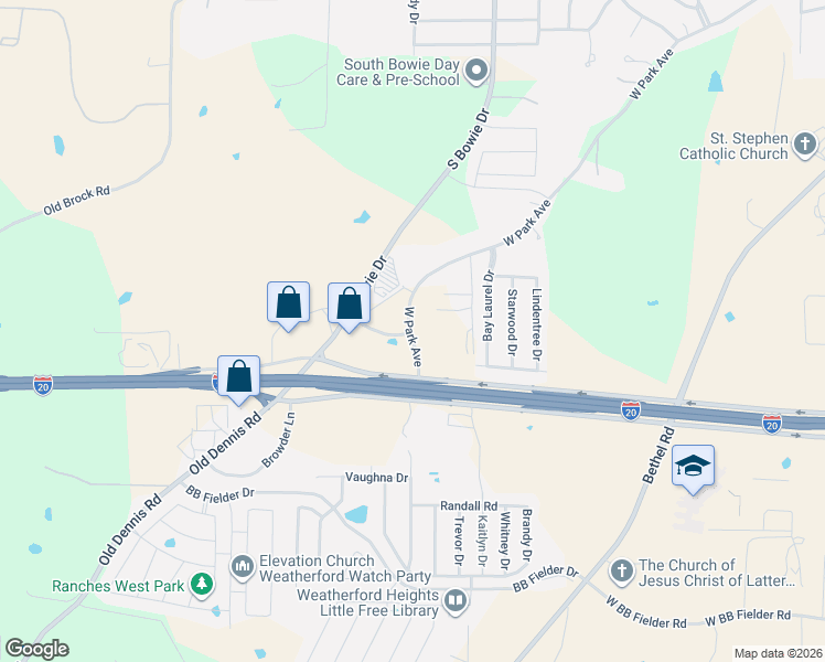 map of restaurants, bars, coffee shops, grocery stores, and more near 1015 West Park Avenue in Weatherford