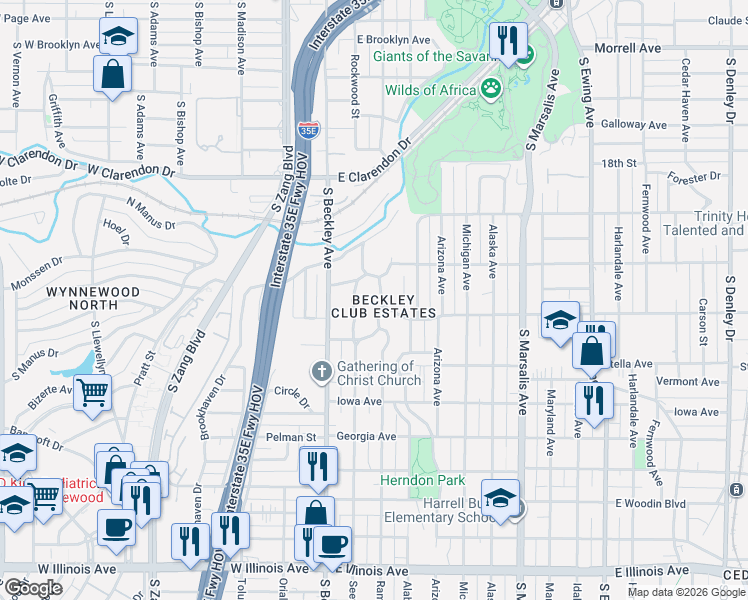 map of restaurants, bars, coffee shops, grocery stores, and more near 1419 Ramsey Avenue in Dallas