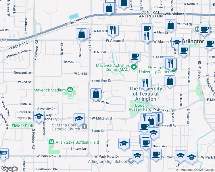 map of restaurants, bars, coffee shops, grocery stores, and more near 1002 Greek Row Drive in Arlington