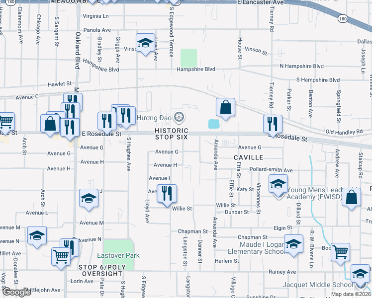 map of restaurants, bars, coffee shops, grocery stores, and more near 1413 Lindsey Street in Fort Worth