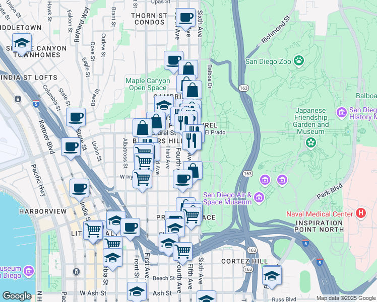 map of restaurants, bars, coffee shops, grocery stores, and more near 2378 Fifth Avenue in San Diego