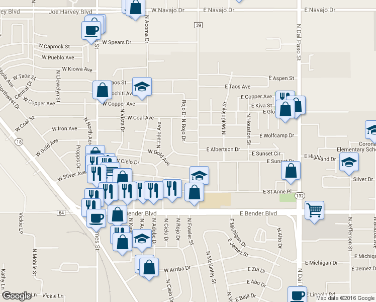 map of restaurants, bars, coffee shops, grocery stores, and more near 116 West Albertson Drive in Hobbs