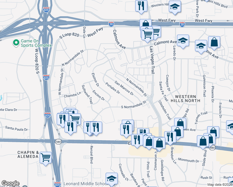 map of restaurants, bars, coffee shops, grocery stores, and more near 2956 Portales Drive in Fort Worth