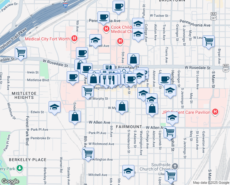 map of restaurants, bars, coffee shops, grocery stores, and more near 1312 South Lake Street in Fort Worth
